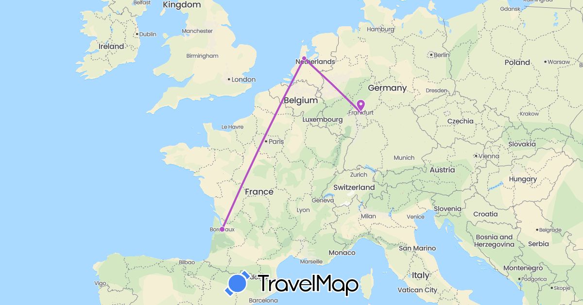 TravelMap itinerary: driving, train in Germany, France, Netherlands (Europe)