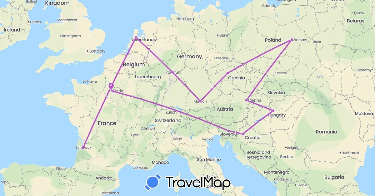 TravelMap itinerary: driving, train in Austria, Czech Republic, Germany, France, Croatia, Hungary, Netherlands, Poland, Slovenia (Europe)